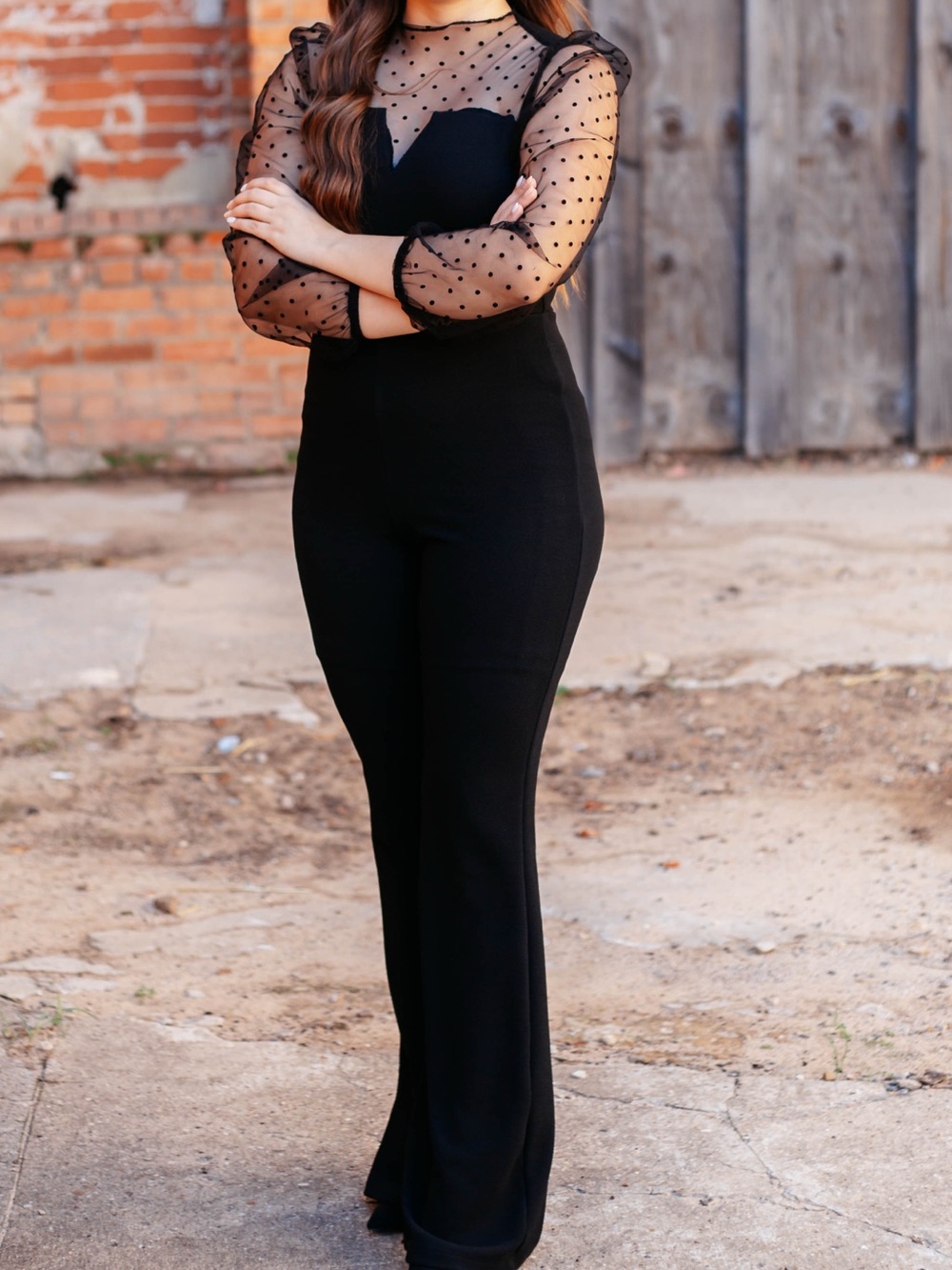 SHEIN Black Polka-Dot Mesh Yoke Flare Jumpsuit